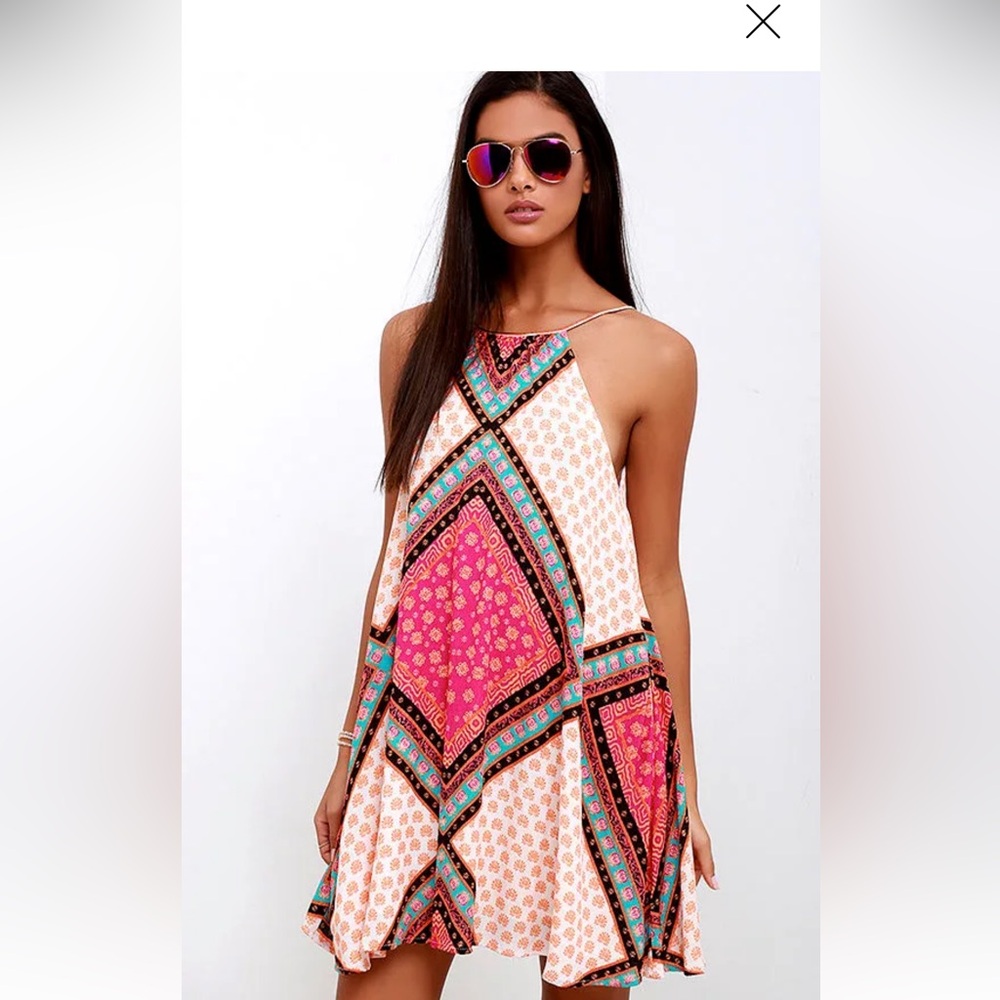 Multicolor Geometric Print Mink Pink Dress with pockets! Fully lined